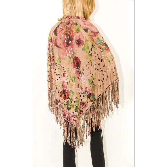 Origami Ultra-Suede Floral Cape Shawl with Fringe Laser cut NWT - Picture 1 of 14